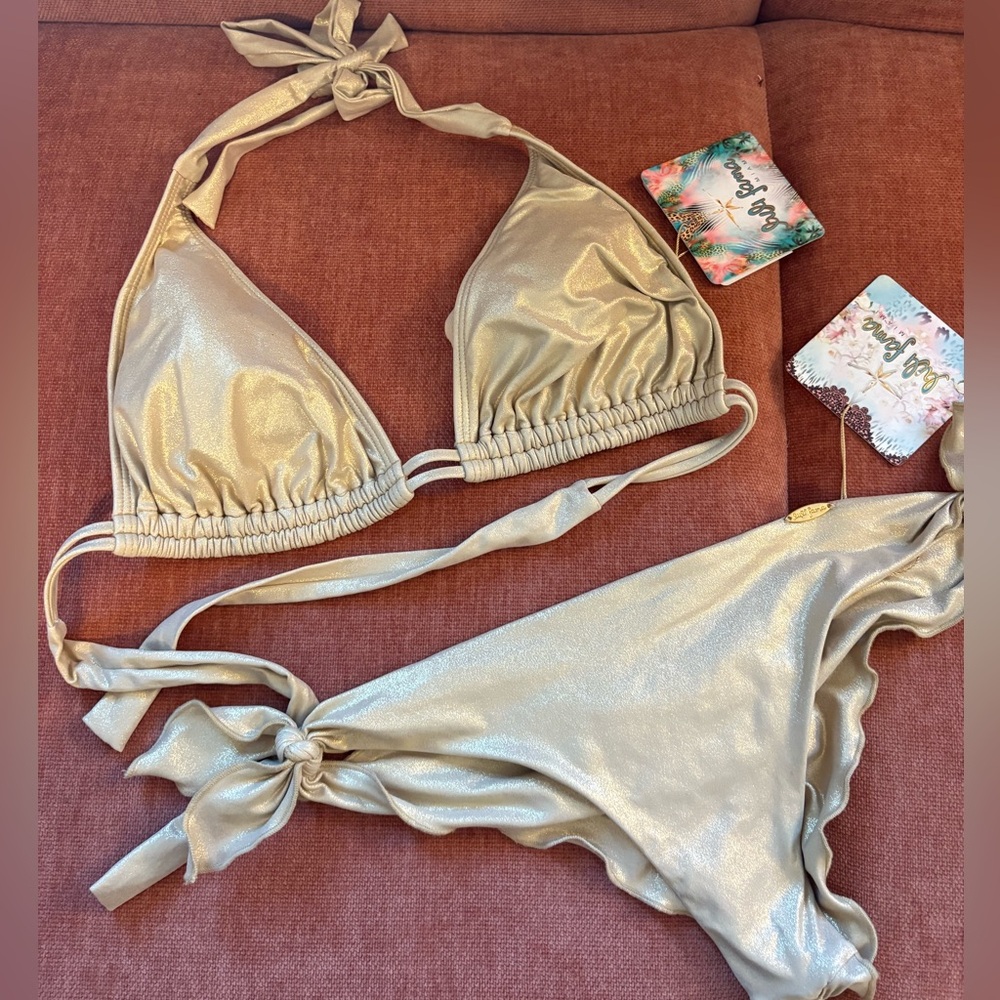 LULI FAMA Gold Rush Cosita Buena Bikini - Halter Triangle & Cheeky Bottoms - L